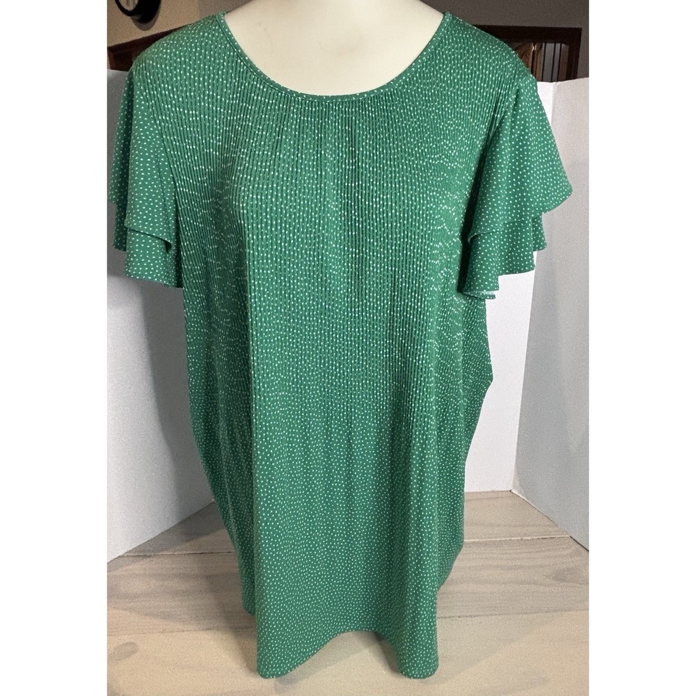 Adrianna Papell Blouse Womens 2X Kelly‎ Green Polka Dot Pleated Petal Sleeve Top